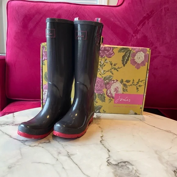 Joules Kelly Welly Rain boots slate gray with Pink SZ 6 - Picture 4 of 16